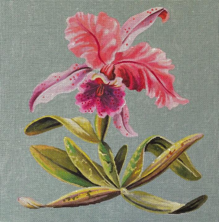 Pink orchid floral print fabric design with layered petals and leaves