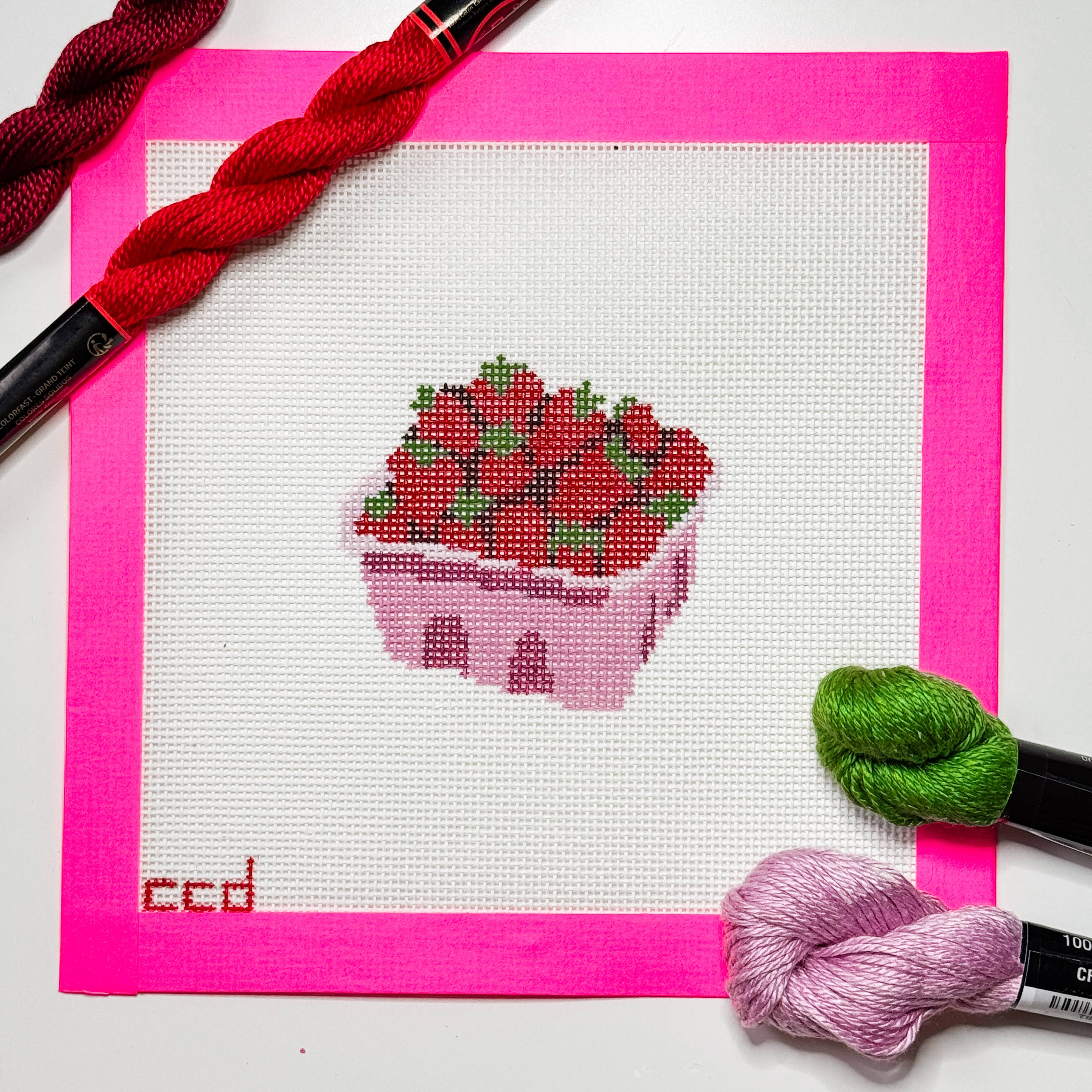 Hand-Painted Strawberry Basket Needlepoint Canvas 3” 18 mesh