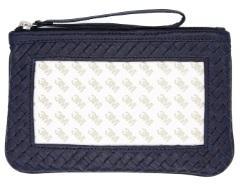 Navy woven leather clutch with wrist strap, zipper top, and patterned front panel