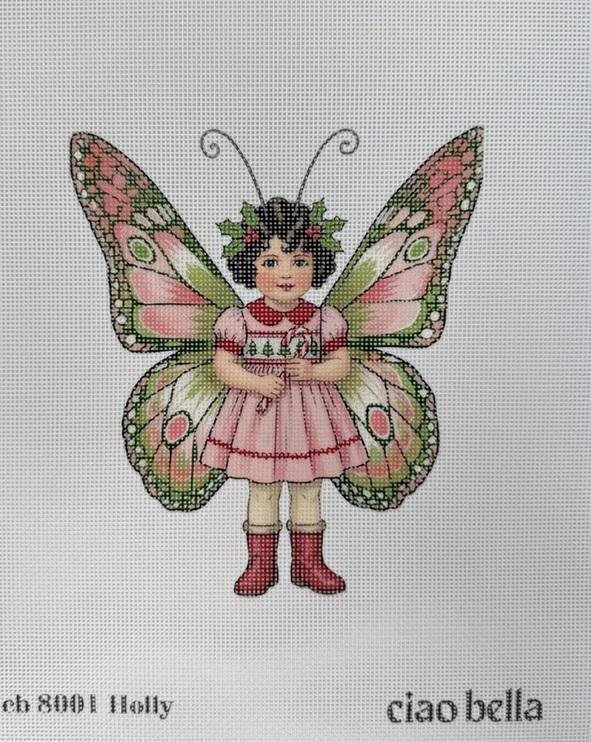 Butterfly Babe Holly embroidery design with a girl in a pink dress, wings, and red boots