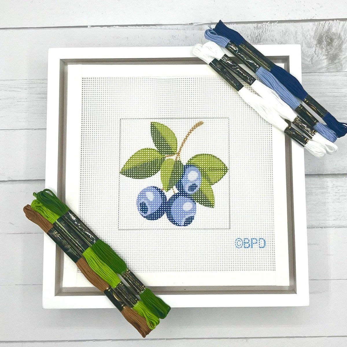 Needlepoint kit with framed canvas featuring green flower and blue berry motif