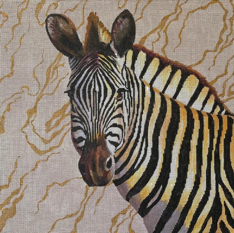 Zebra animal print with close-up face and bold black-and-white stripes on marble pattern