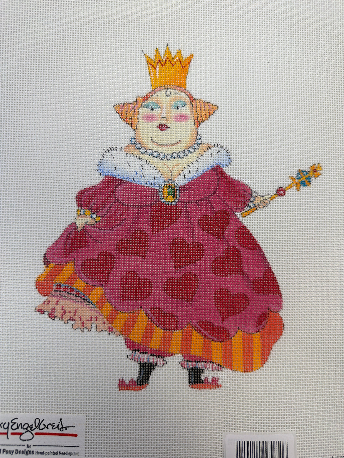 Crowned character plush doll in red dress, blue jacket, holding small string instrument