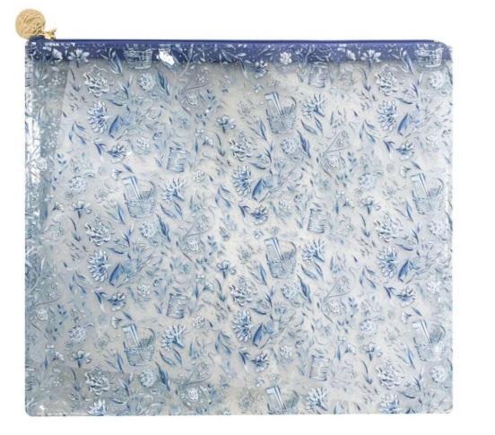 Blue PVC project bag with school-themed print, zip-top