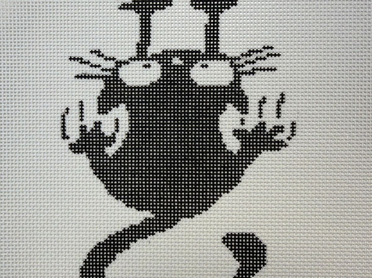 Pixel-art black cartoon character with white horns and hand-like shapes