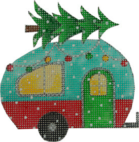 Colorful camper graphic with Christmas tree on roof, red and blue panels.