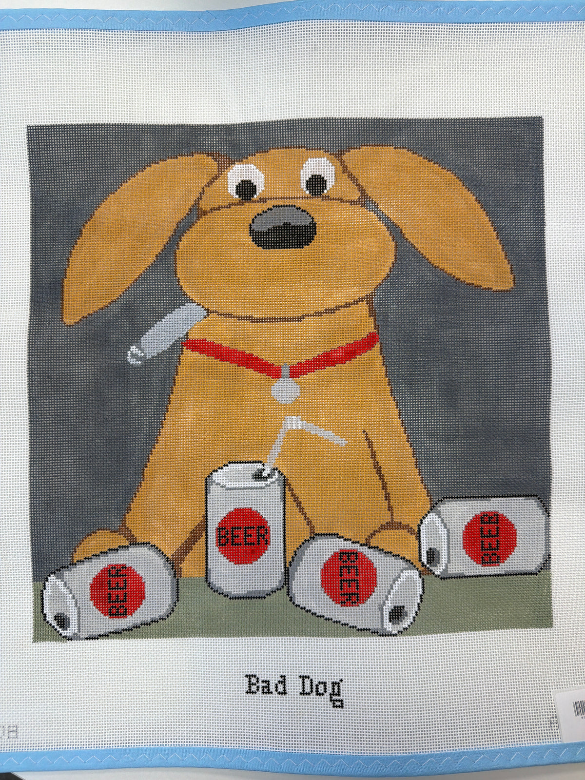 Dog-themed wall art with cartoon dog and four beer-mug icons on dark background