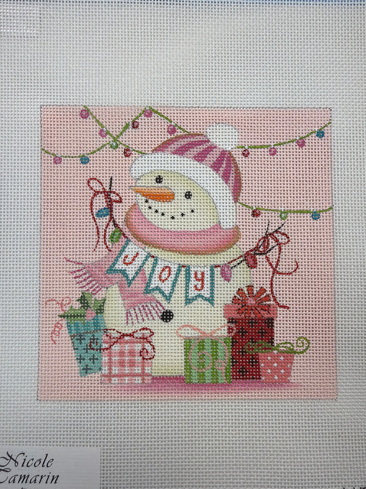 Snowman holiday fabric panel with gift boxes and knit hat