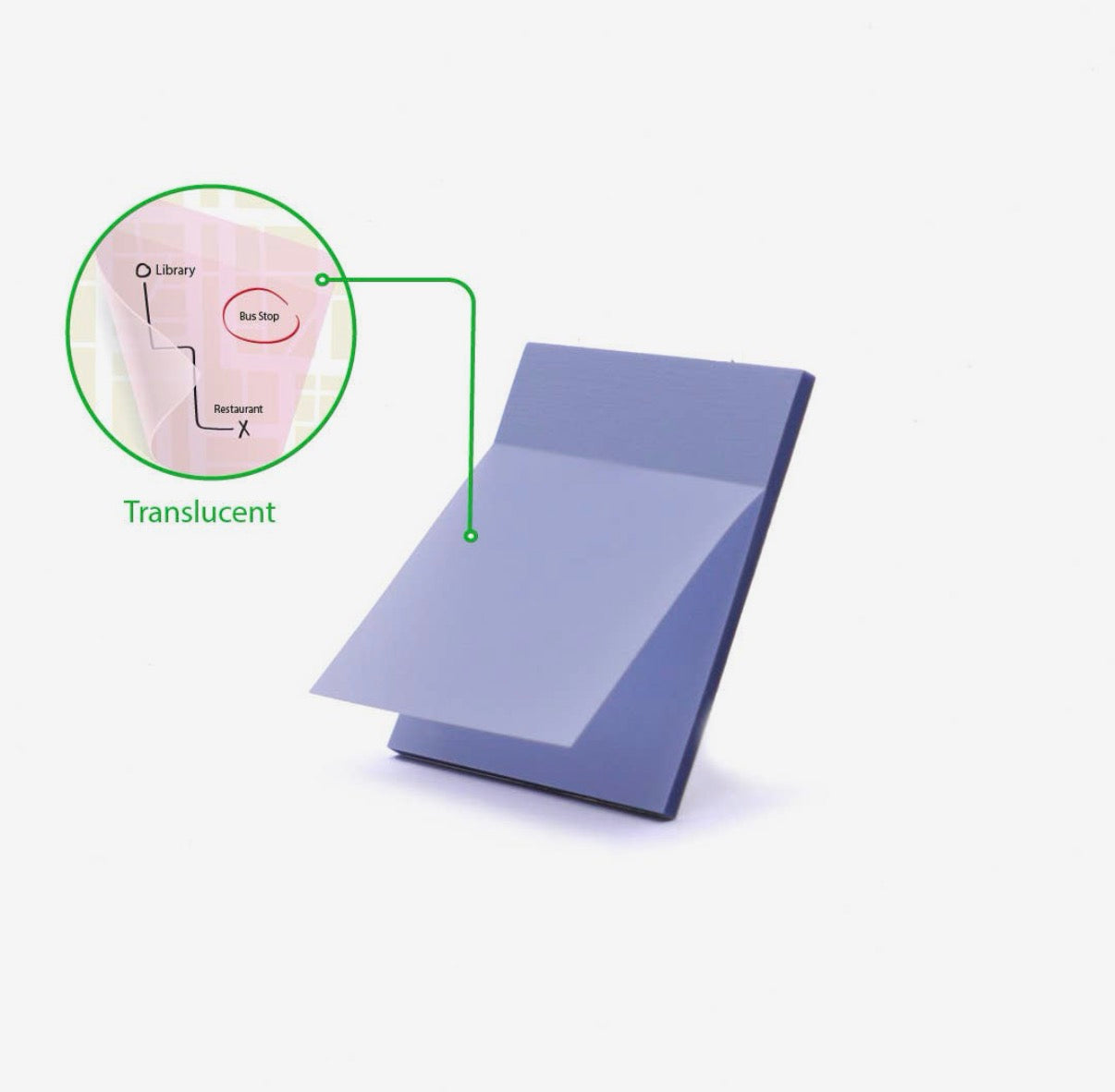 Translucent square sticky notes in blue-gray, stacked with slight tilt