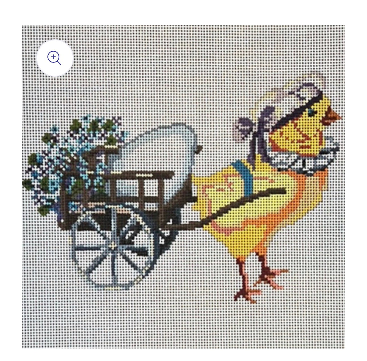 Yellow chick with blue flower basket and small wagon wheel, stitched decorative figurine