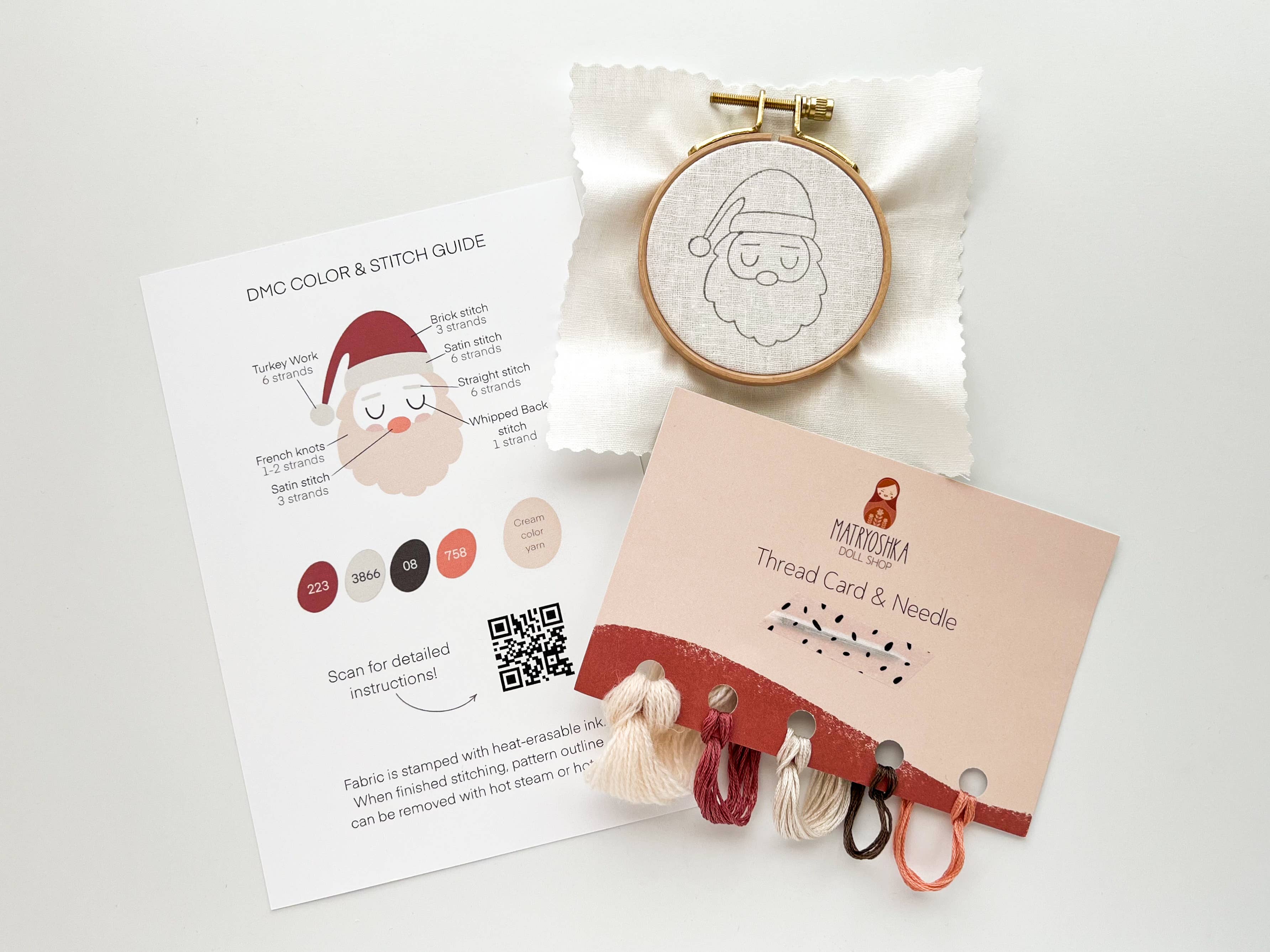Santa Embroidery Kit, 3” Christmas Tree Ornament, DIY craft