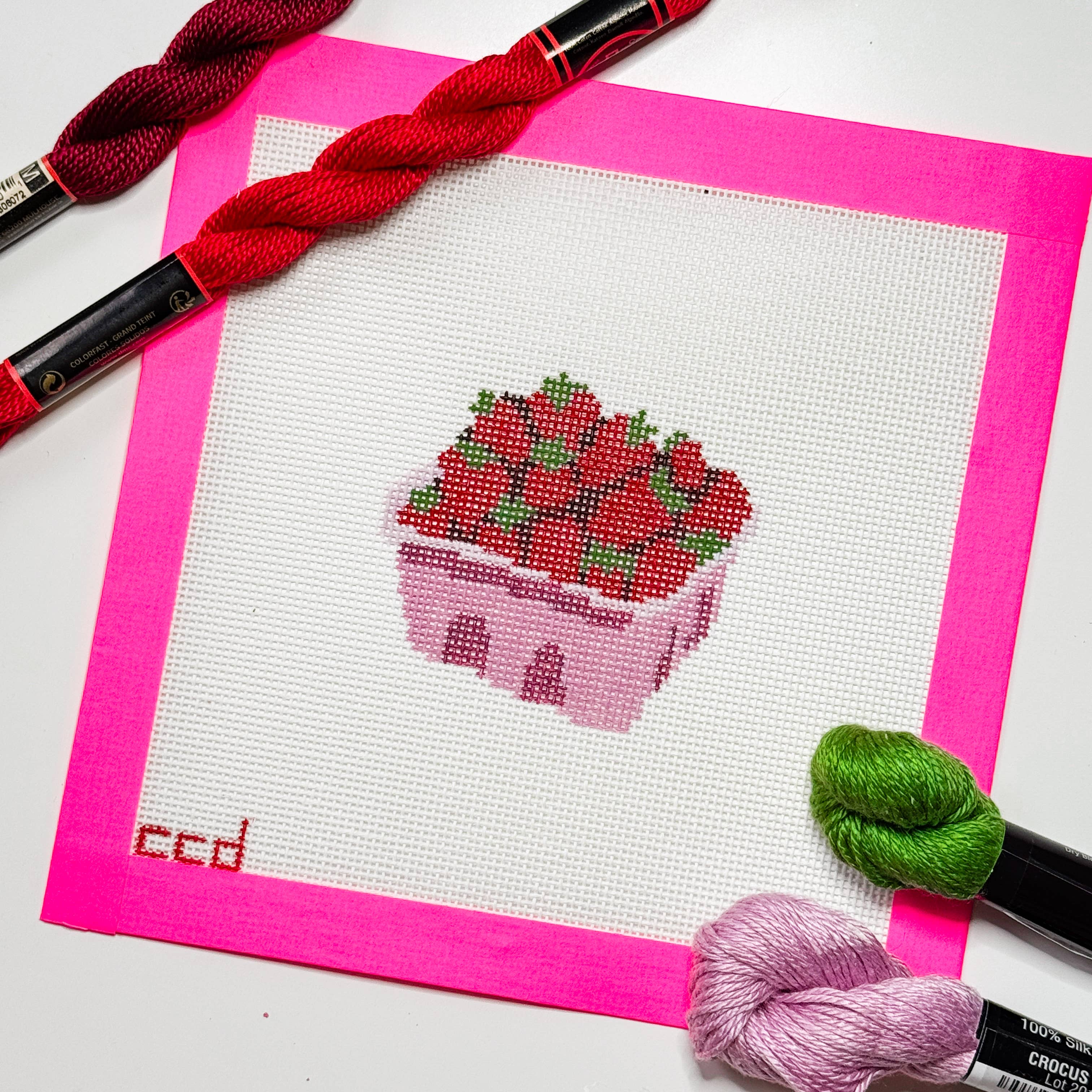 Hand-Painted Strawberry Basket Needlepoint Canvas 3” 18 mesh