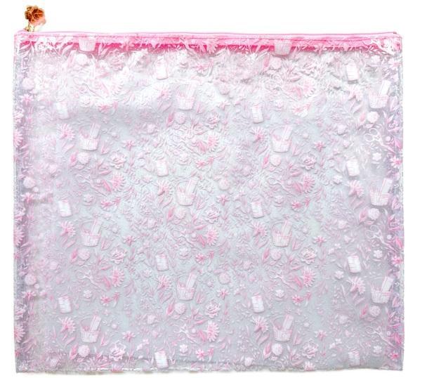 Pink PVC project bag with school-themed pattern, zip-top