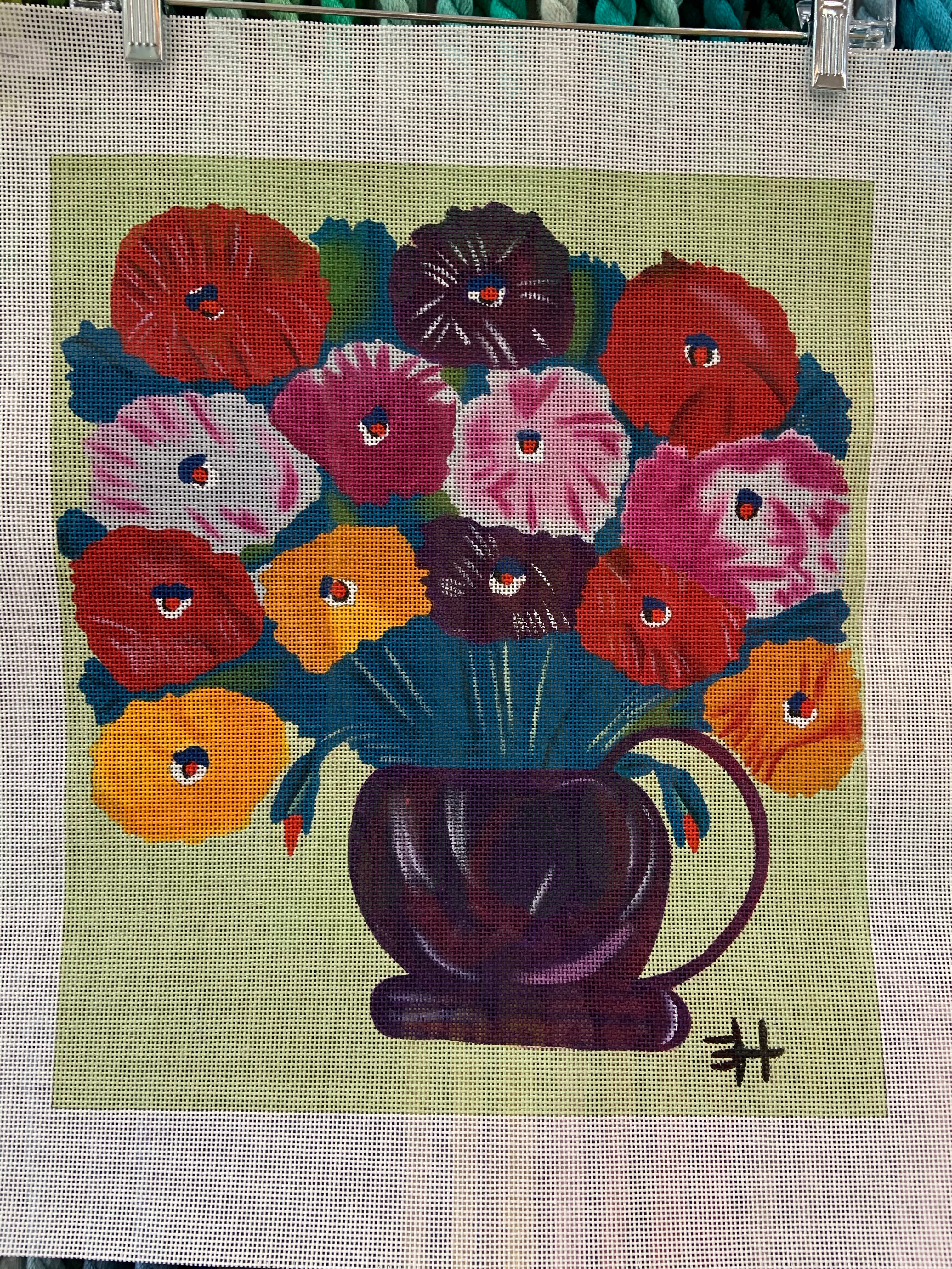Zinnias in Purple Vase