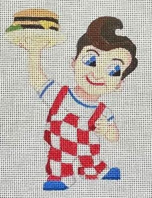 Cartoon boy applique patch in red and white overalls, blue shoes, brown hair