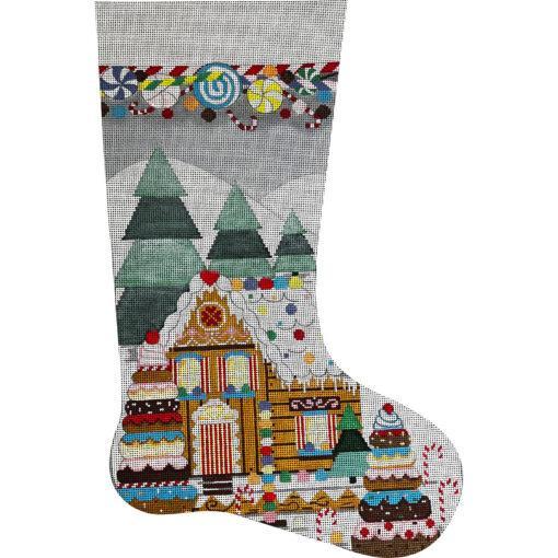 Gingerbread house Christmas stocking with colorful house and candy scene