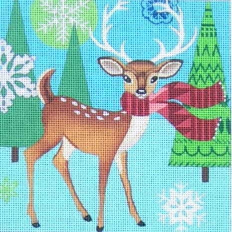 Stylized brown deer with white spots and pink striped scarf, surrounded by small green trees