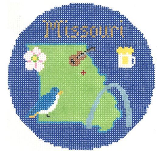 Round Missouri ornament with green state silhouette on blue beadwork, gold lettering, icons
