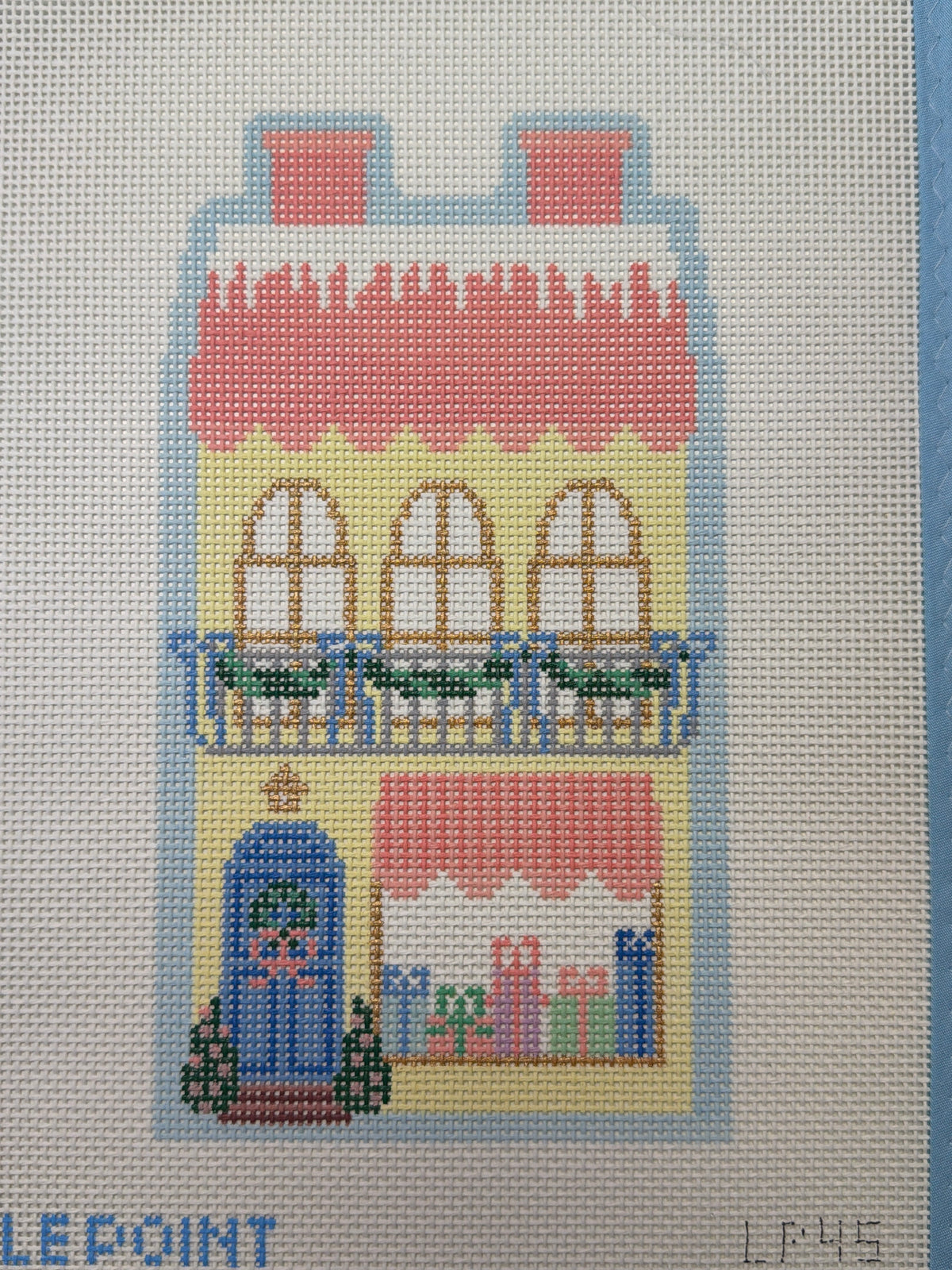 LePoint Yellow Shop needlepoint canvas with storefront design