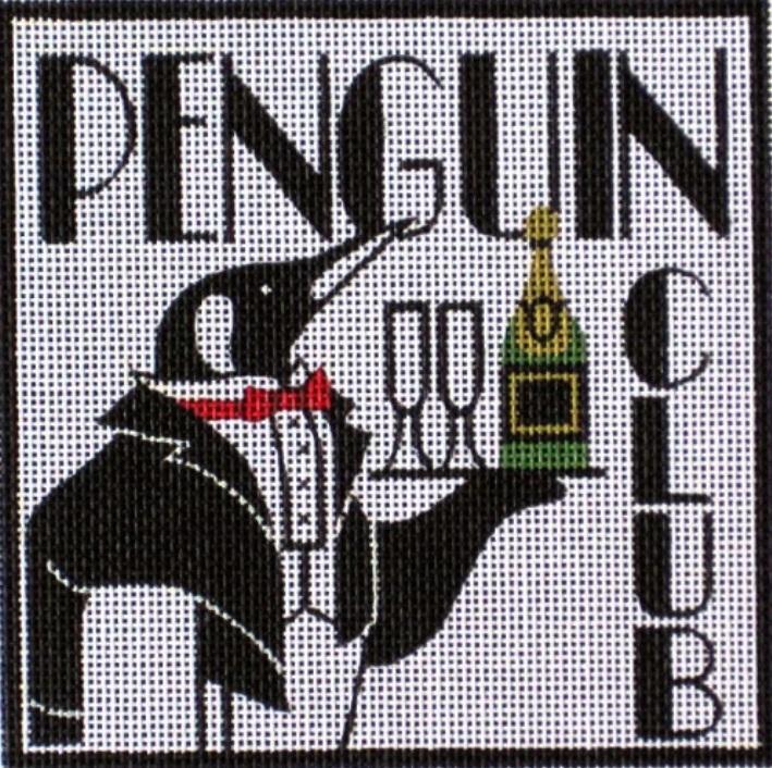 Graphic textile panel with Penguin Club text, penguin, fork, knife, and bottle motifs