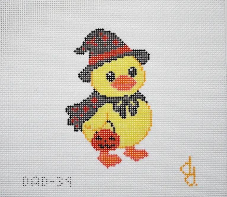 Halloween duck ornament with pixel-style duck in black witch hat and red scarf