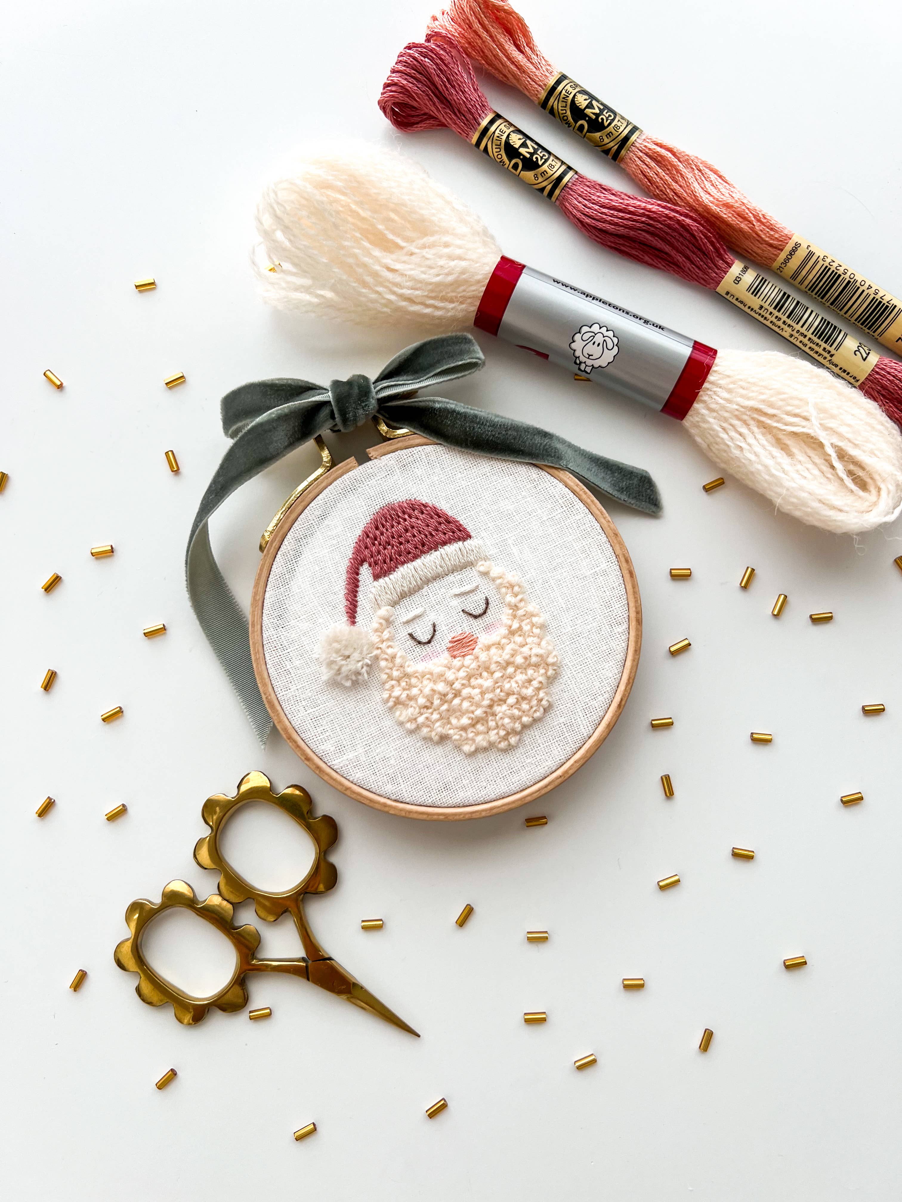 Santa Embroidery Kit, 3” Christmas Tree Ornament, DIY craft