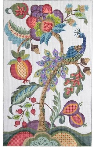 Jacobean peacock decorative fabric panel with colorful floral and bird motifs