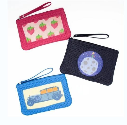 Woven leather clutch set with wrist straps, zip tops, in red, navy and blue