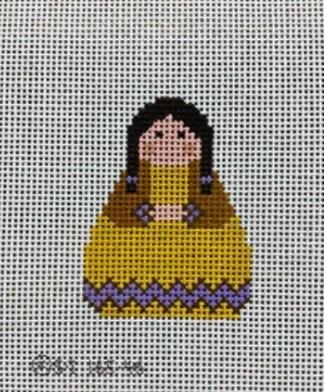 Angel figurine with yellow dress and purple trim, long dark hair