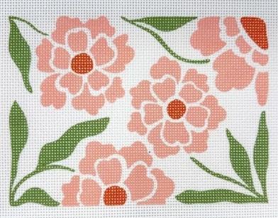 Blush Bloom floral fabric with pink flowers, orange centers, and green leaves