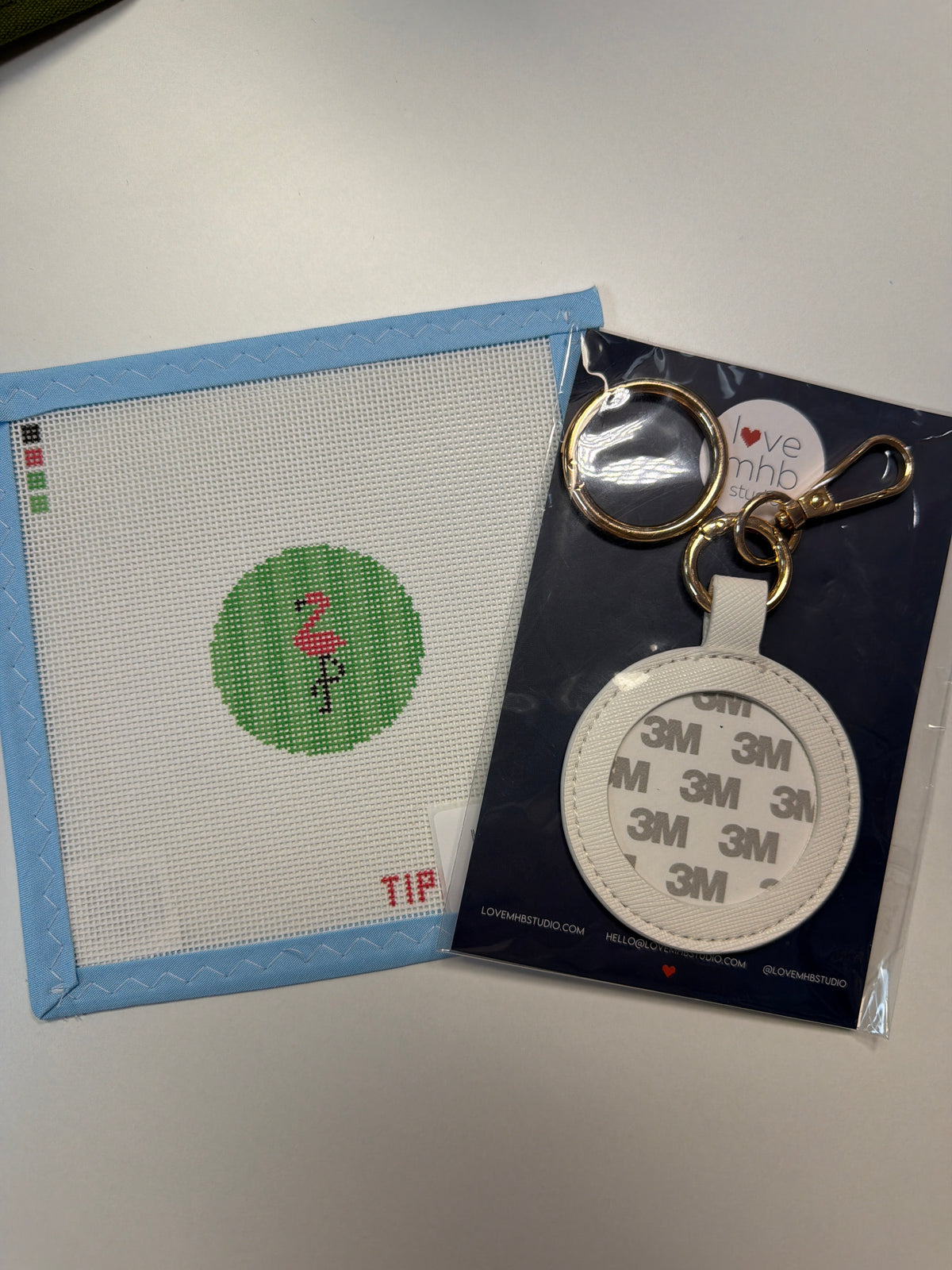 Green flamingo fabric patch with keychain and 3M round tags
