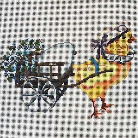 Yellow chick figurine riding a bicycle with white basket and floral accents