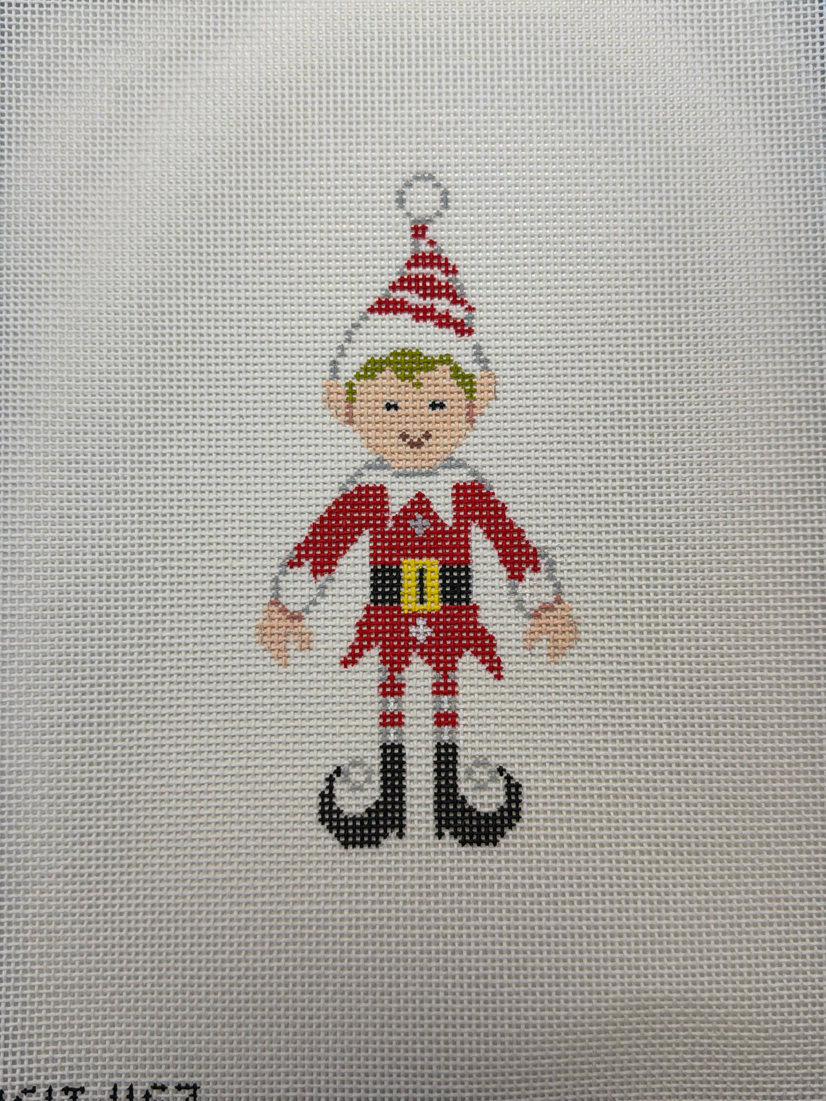 Hanging elf ornament with red-and-black outfit and white-striped hat