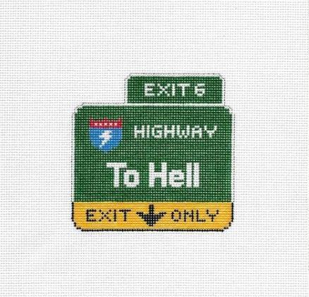 Green embroidered patch with 'Highway To Hell' street sign and Exit 9 text