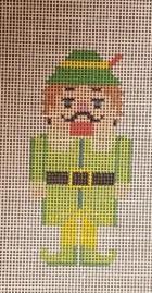 Nutcracker-style elf figurine with green hat, red face, and yellow outfit