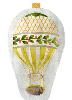 Hot air balloon ornament with gold checkered top, green band, pink script, striped body