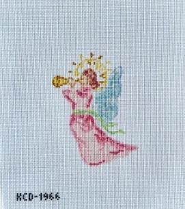 Embroidered pink and blue angel figure, seated with wings