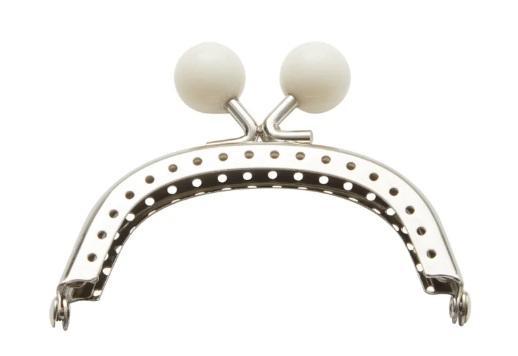 White bauble sew-in clasp with curved metal frame and snap ends