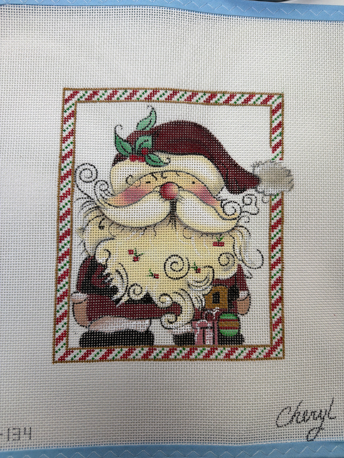 Embroidered Santa portrait on counted cross-stitch fabric, multicolor