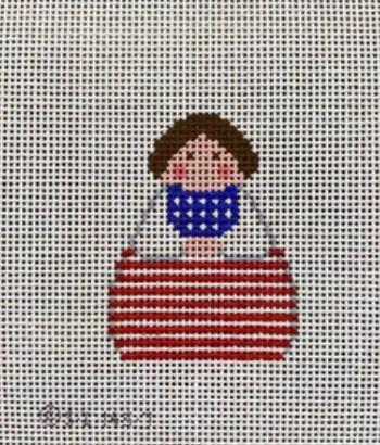 Angel decor figure wearing blue hood and red-and-white striped dress