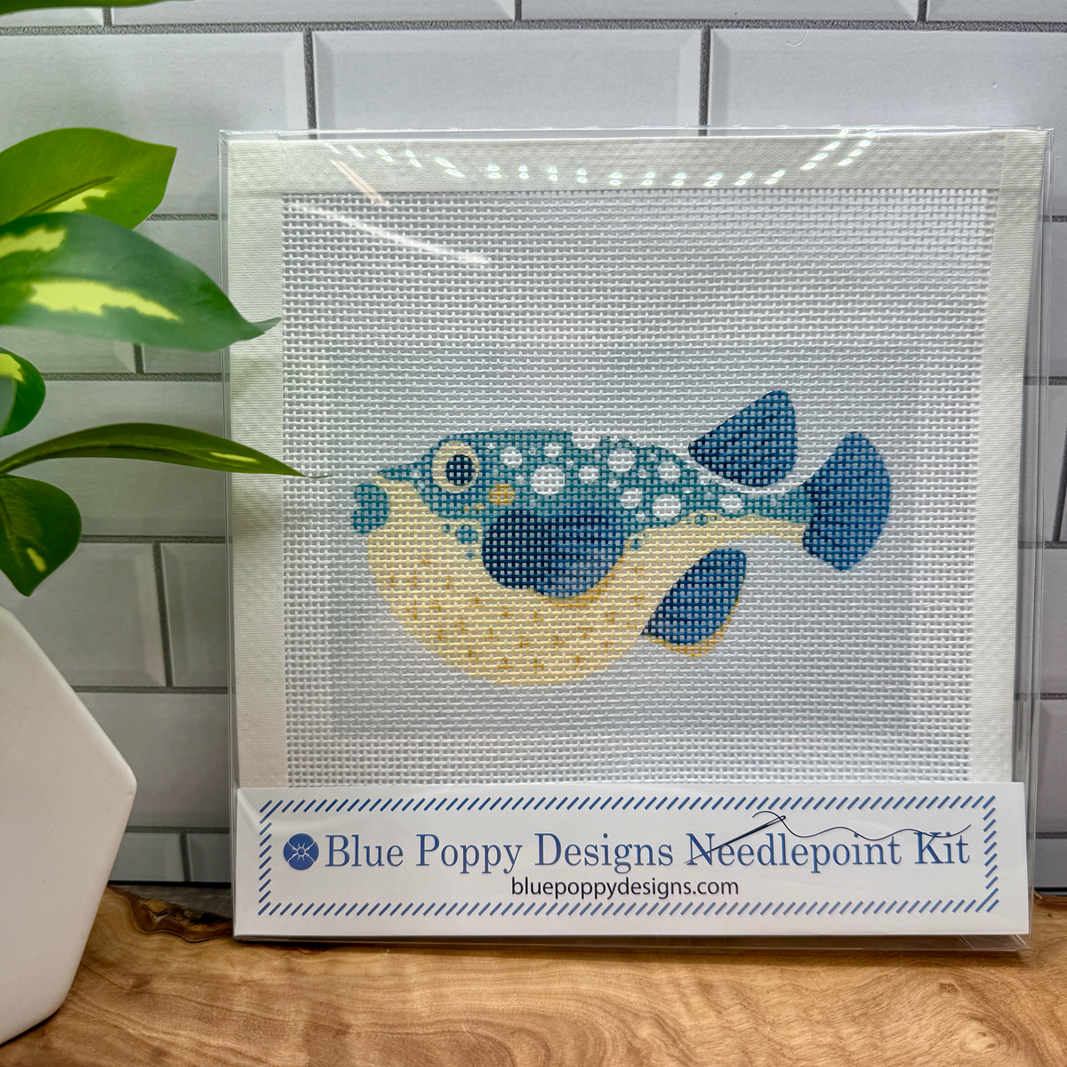 Needlepoint kit with framed canvas featuring blue fish motif, includes thread bundles