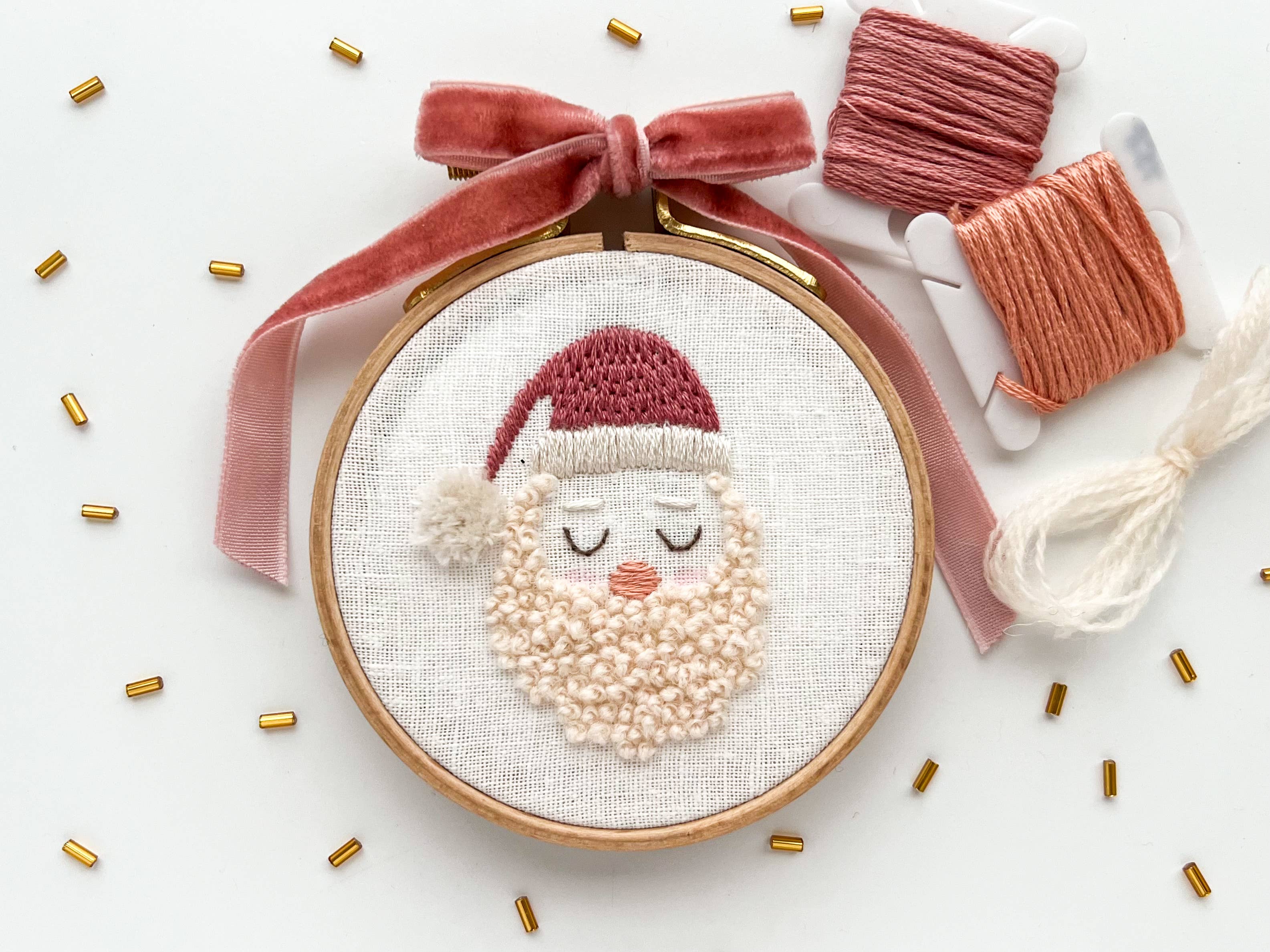 Santa Embroidery Kit, 3” Christmas Tree Ornament, DIY craft