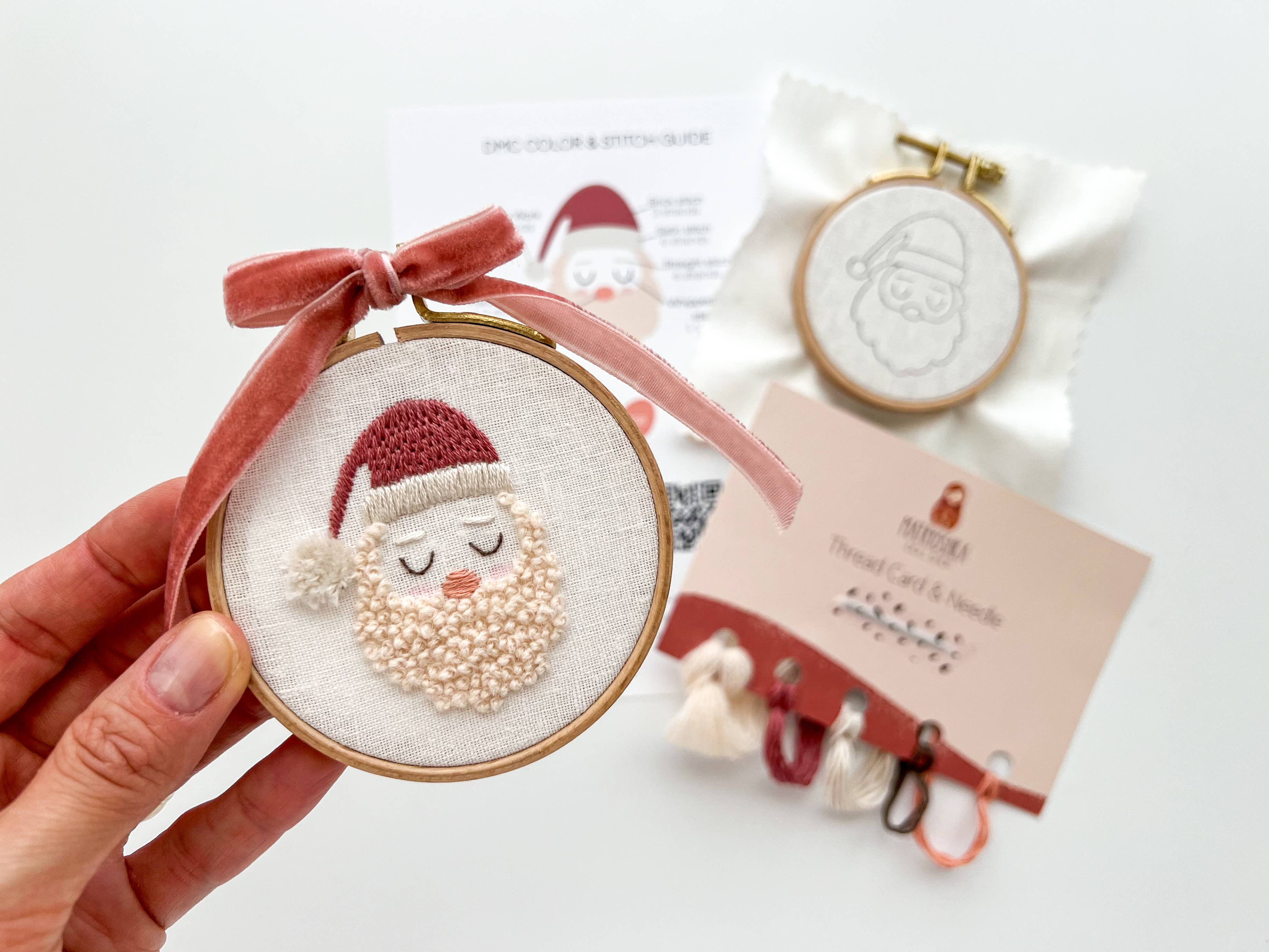 Santa Embroidery Kit, 3” Christmas Tree Ornament, DIY craft