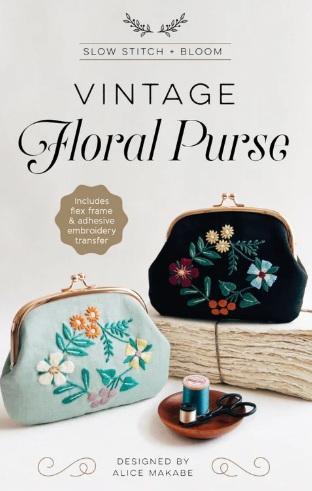 Floral purse embroidery kit with two clasp frame purses, light blue and dark floral designs