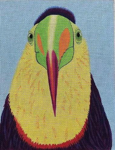 Toucan bird plush with bright green head, orange beak, yellow body