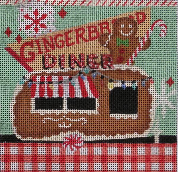 Gingerbread diner cross-stitch panel with striped apron and window details