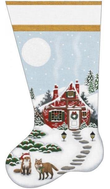 White novelty crew sock with red house, trees, animals, and snow pattern