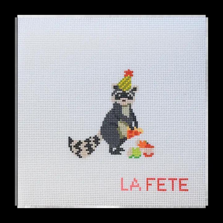 Square embroidered animal patch with party hat and red "LAFETE" text