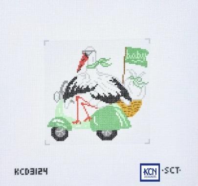 Green stork-themed embroidery design with red bird and white accents