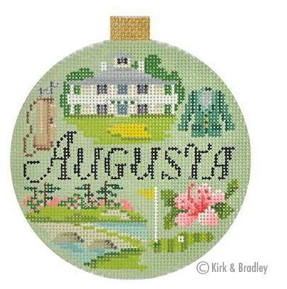 Round needlepoint ornament with hanging loop, Augusta cross-stitch landscape and pink flowers